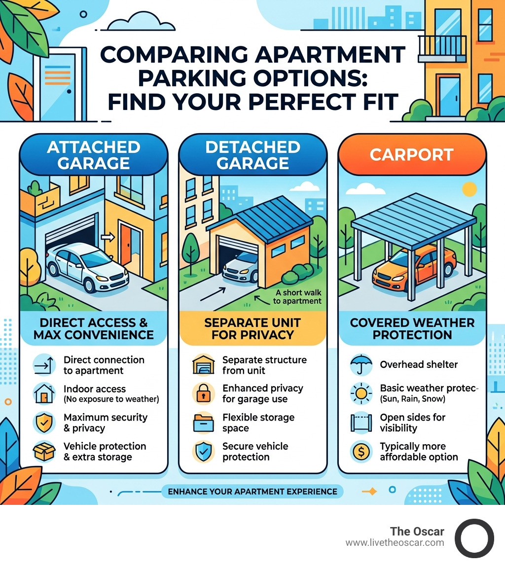 Infographic comparing attached garages, detached garages, and carports for apartment renters - apartment garages for rent Infographic comparing attached garages, detached garages, and carports for apartment renters - apartment garages for rent