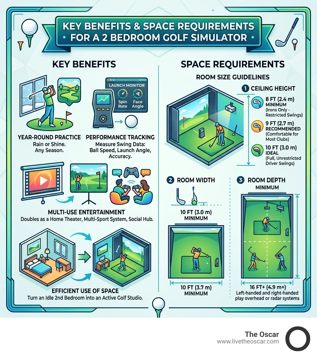 Key benefits and space requirements for a 2 bedroom golf simulator setup - 2 bedroom golf simulator infographic 