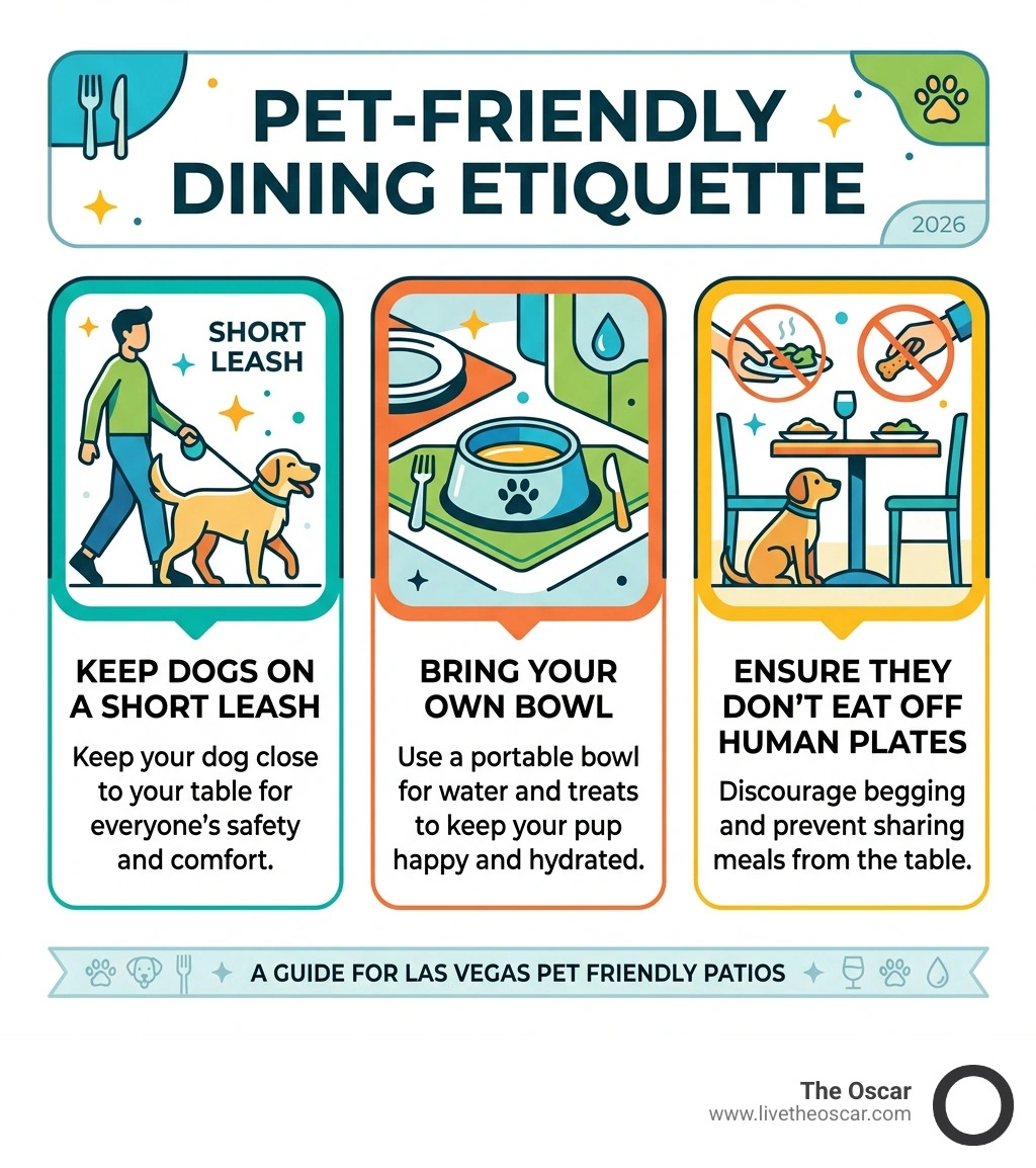 Infographic showing pet-friendly dining etiquette: keep dogs on a short leash, bring your own bowl, and ensure they don't Infographic showing pet-friendly dining etiquette: keep dogs on a short leash, bring your own bowl, and ensure they don't