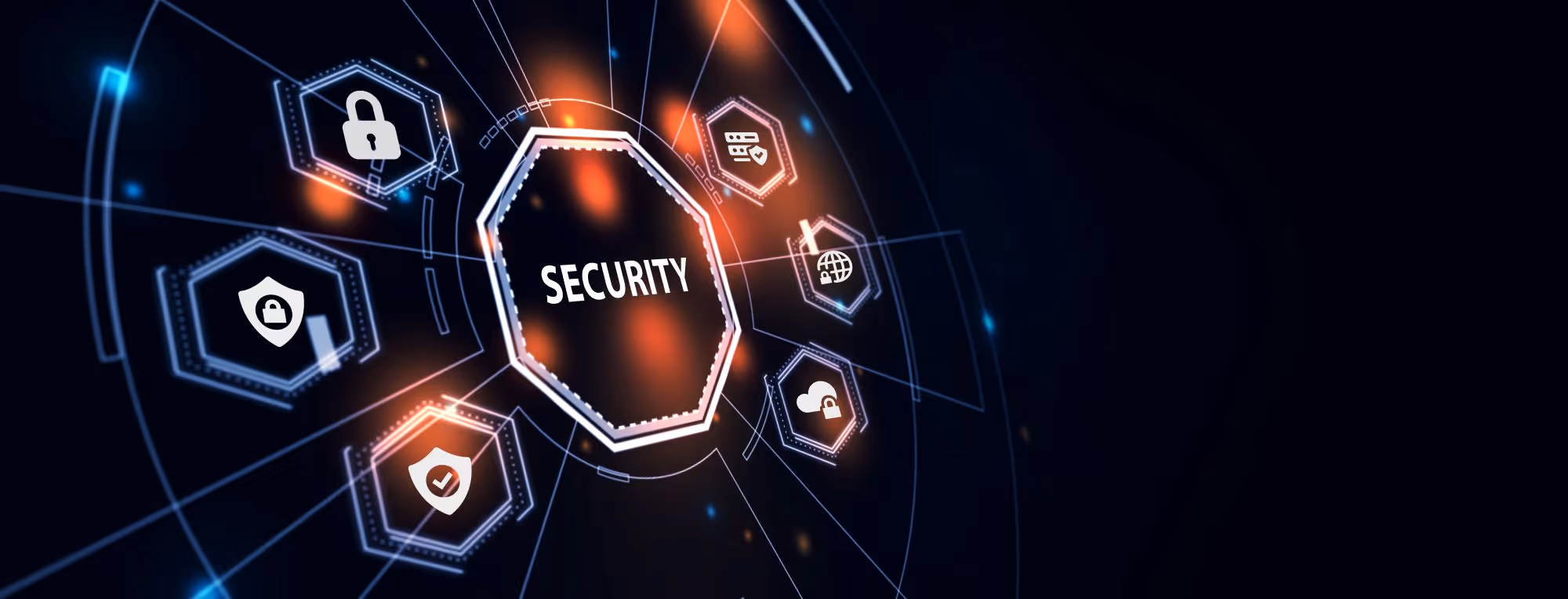 Symbolbild: leuchtendes Achteck mit Schriftzug SECURITY und Sicherheits-Icons auf dunklem Hintergrund