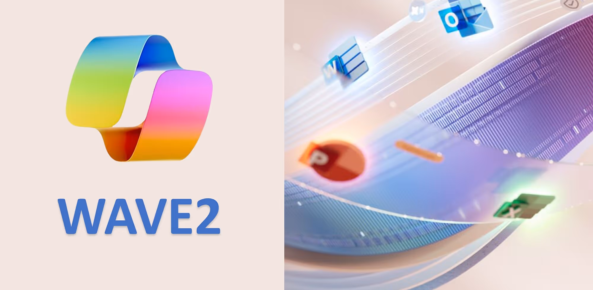 Symbolbild: Copilot-Logo mit Schriftzug WAVE2 neben schwebenden Microsoft-365-App-Icons