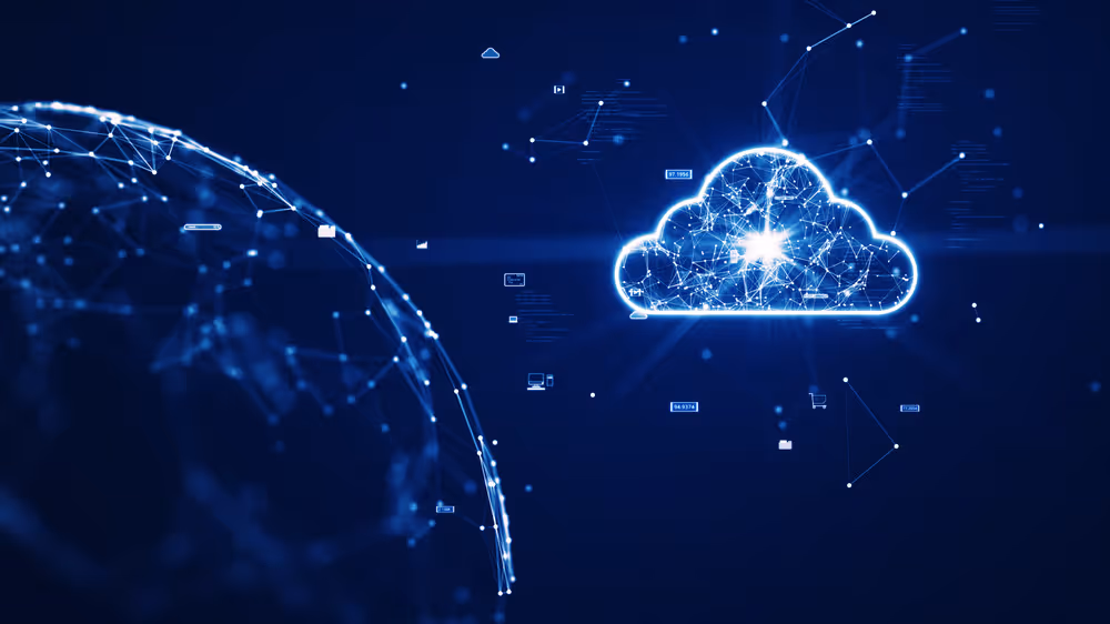 Symbolic image: glowing cloud of data points beside a digital globe on a dark background.