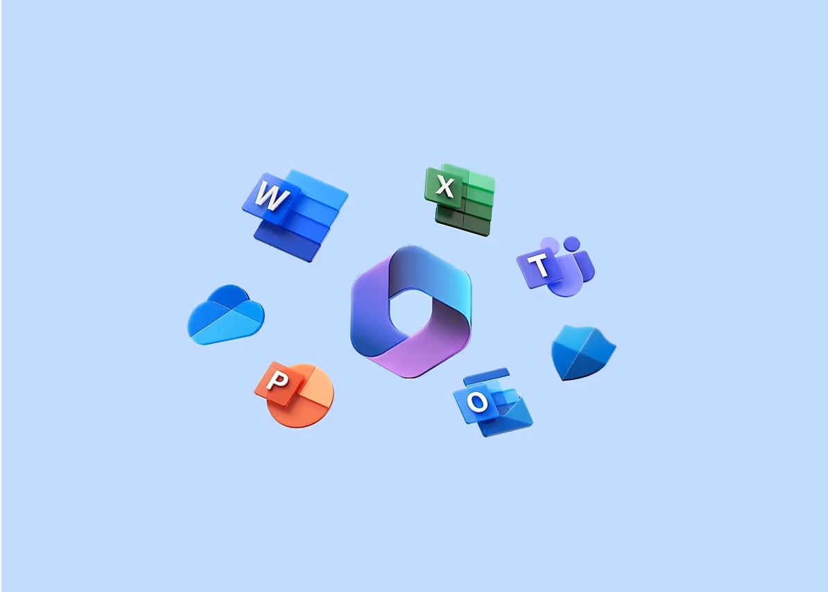 Symbolbild: schwebende Microsoft-365-App-Icons wie Word, Excel und Teams auf hellblauem Grund.