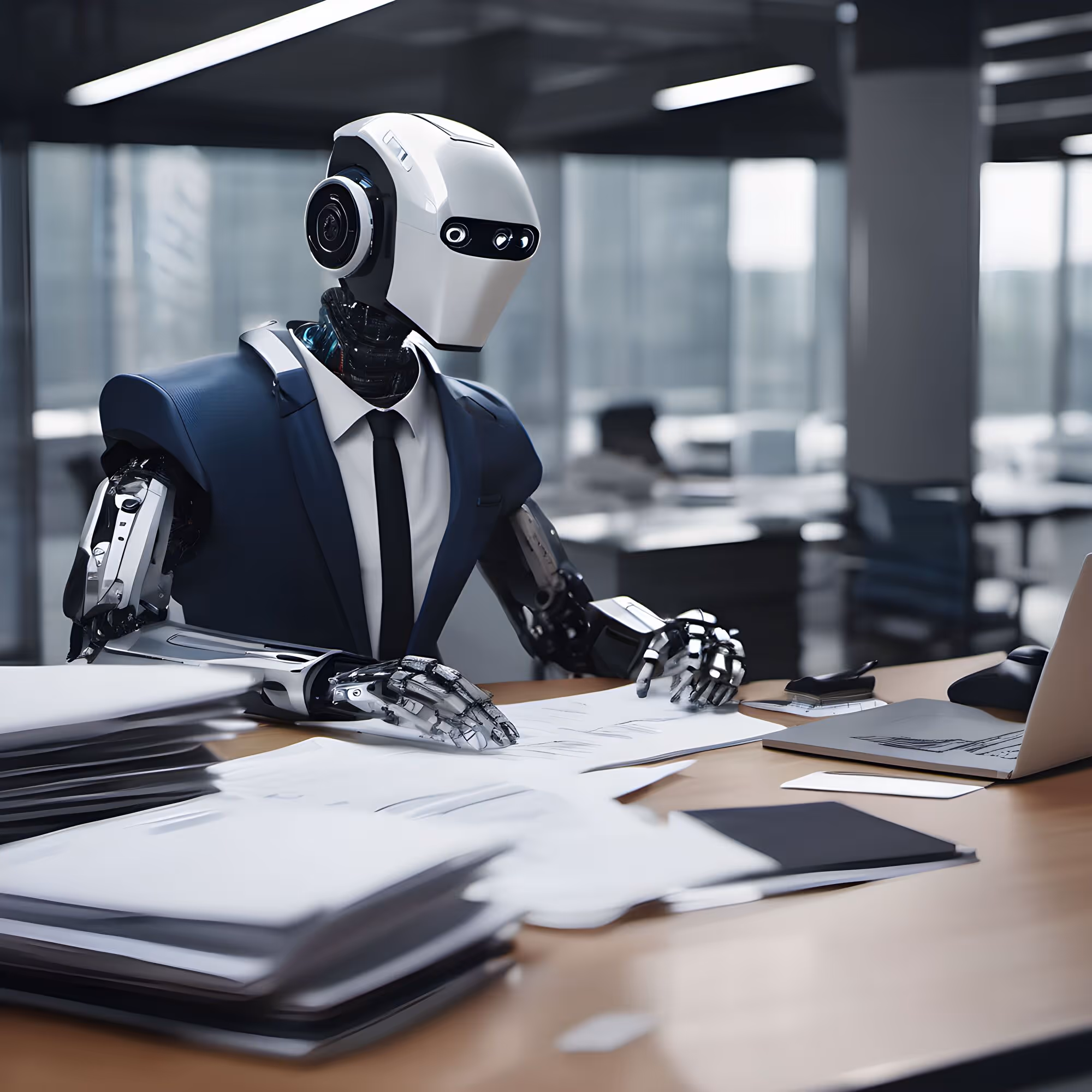 Humanoid robot in a suit sits at an office desk with paper stacks and a laptop.