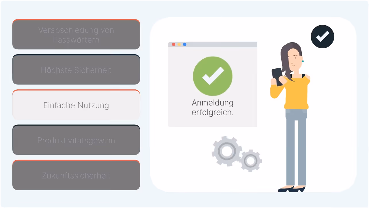 Symbolbild: Frau mit Smartphone neben Login-Fenster mit grünem Haken Anmeldung erfolgreich.