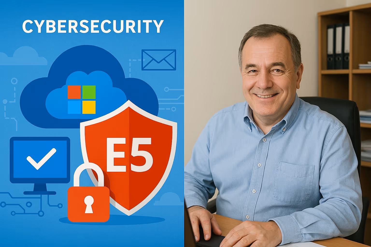 Lächelnder Mann im blauen Hemd am Schreibtisch, links Grafik mit Schild E5 und Cybersecurity.