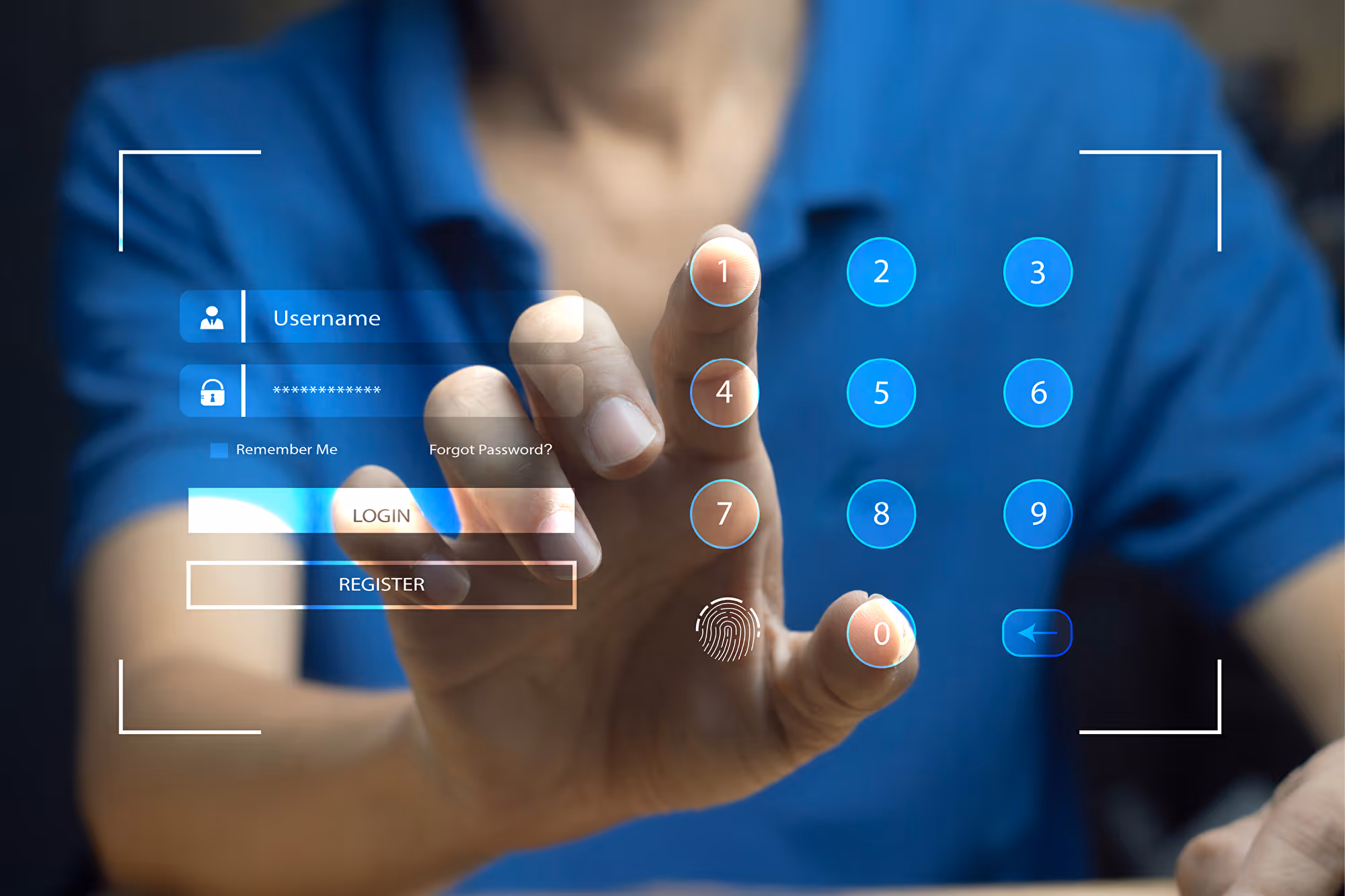 Mann berührt schwebende Login-Maske mit Zahlenfeld und Fingerabdruck-Symbol zur Anmeldung
