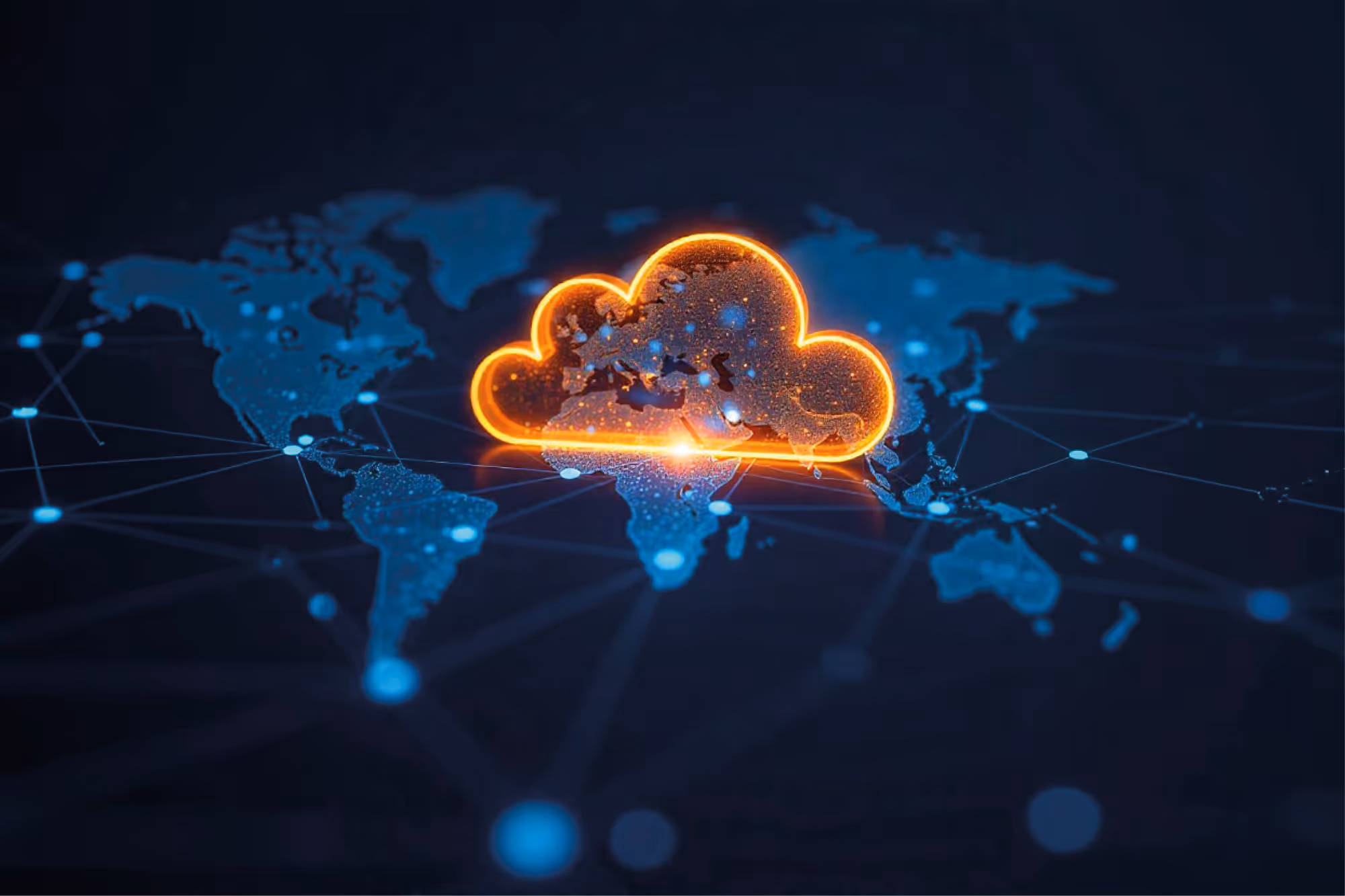 Symbolic image: glowing orange cloud over Europe on a connected digital world map