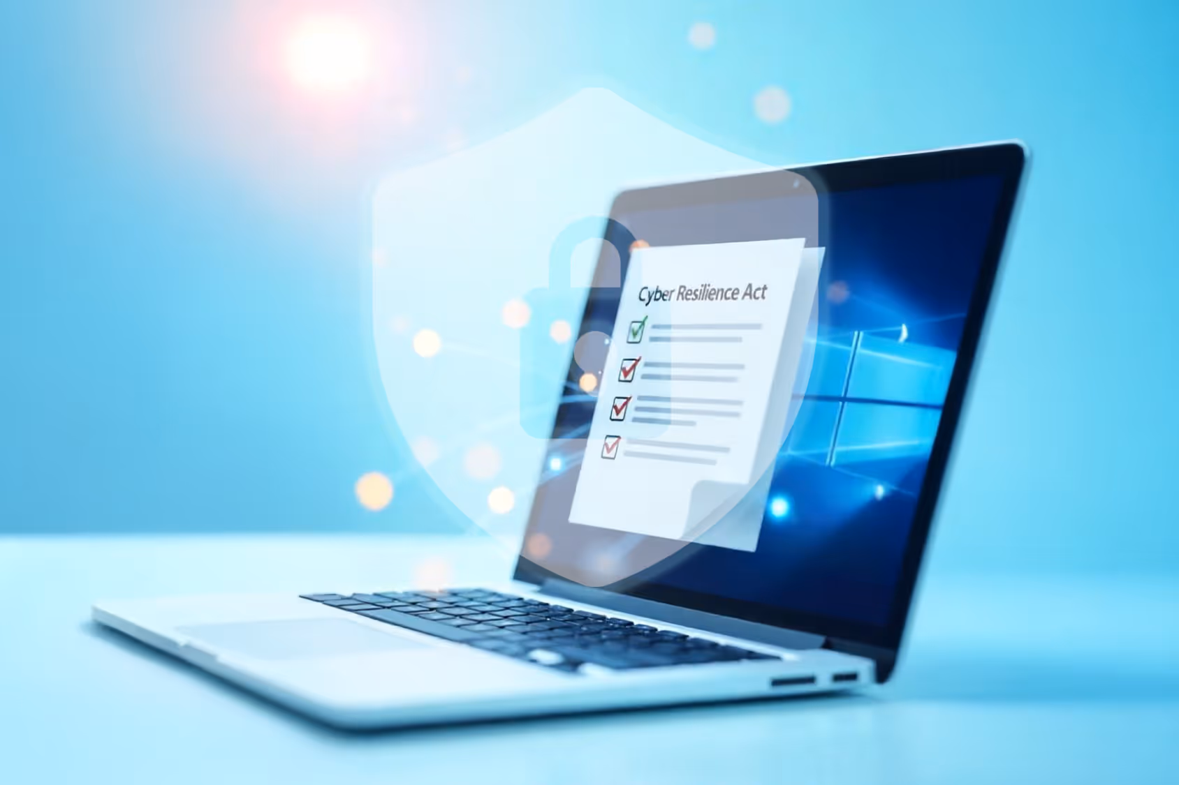 Laptop mit Checkliste Cyber Resilience Act und leuchtendem Schutzschild-Symbol auf blauem Hintergrund