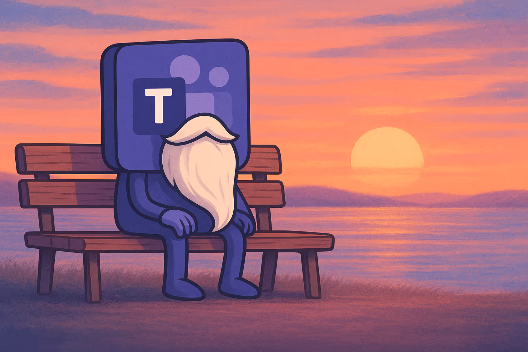 Illustration: Figur mit Microsoft-Teams-Logo als Kopf und langem Bart auf Bank vor Sonnenuntergang