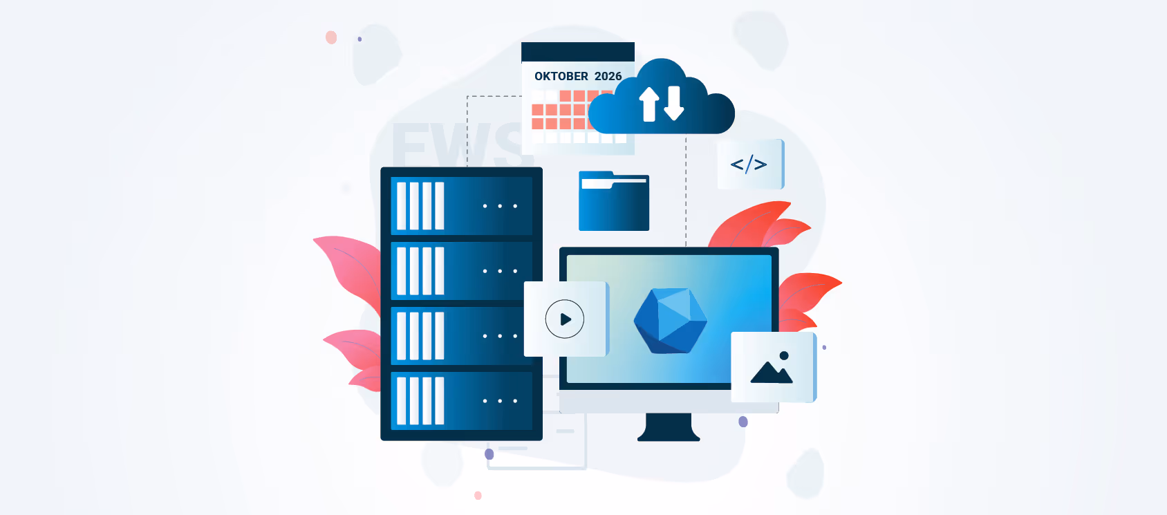Symbolic image: server rack, monitor and cloud icons with calendar page October 2026