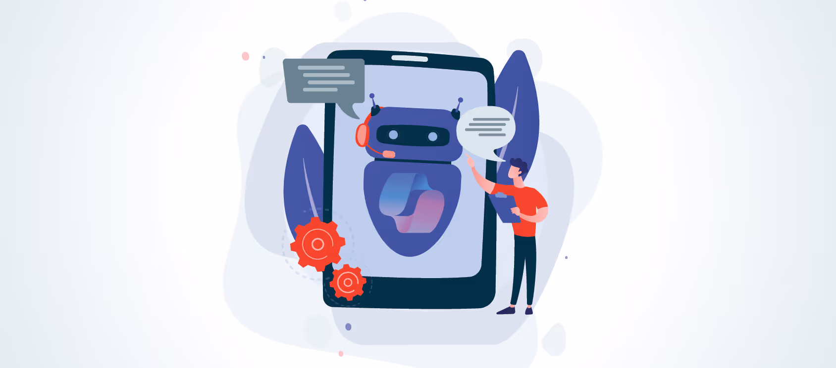 Illustration: Person spricht mit freundlichem Chatbot-Assistenten auf einem grossen Smartphone.