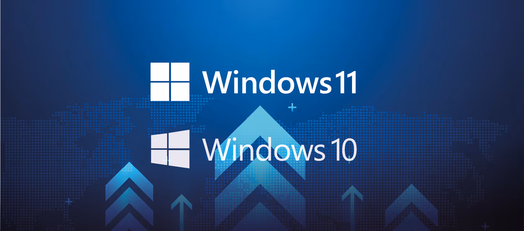 Symbolbild: Logos von Windows 11 und Windows 10 mit aufwärts zeigenden Pfeilen auf blauem Hintergrund.