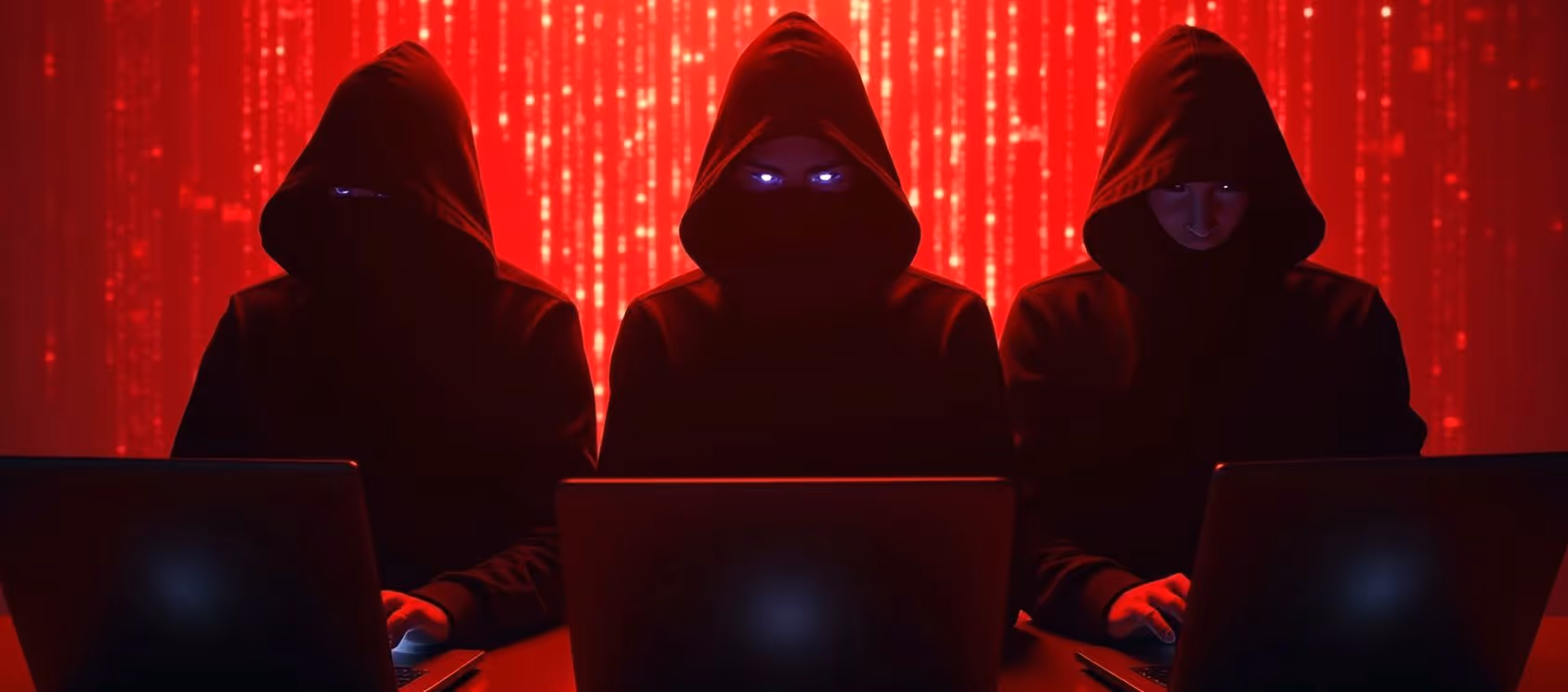 Symbolbild: drei Hacker in dunklen Kapuzenpullis an Laptops vor leuchtend rotem Matrix-Hintergrund.