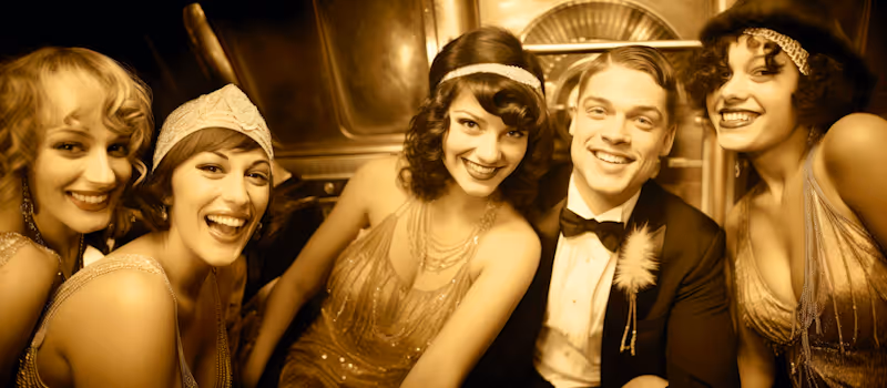 Festlich gekleidete Personen im Stil der 1920er-Jahre lachen gemeinsam in goldenem Licht an einer Party.