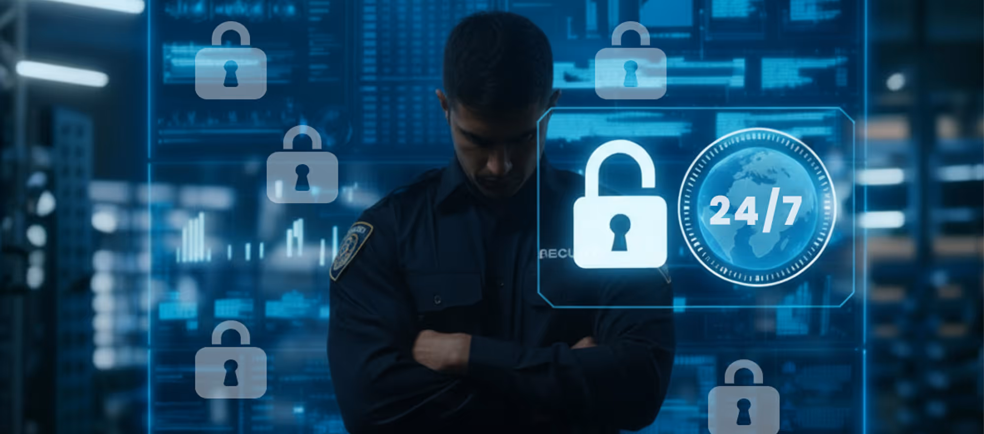 Symbolic image: uniformed security guard with crossed arms surrounded by glowing padlock icons and a 24/7 symbol.