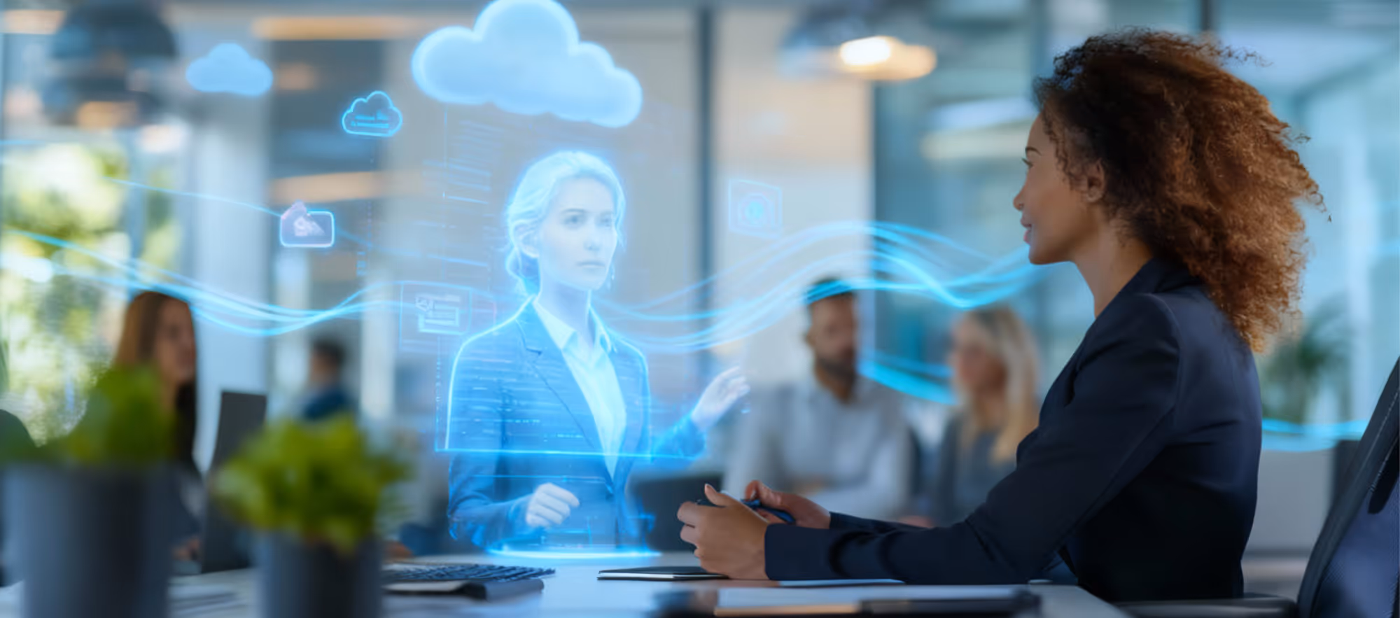 Frau im Büro spricht mit einer holografischen, KI-generierten Person vor einer leuchtenden Cloud und weiteren Mitarbeitenden.