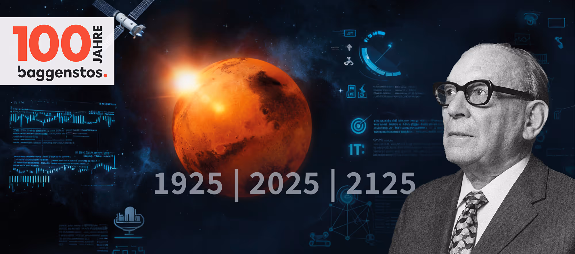 Symbolbild: historisches Porträt eines älteren Mannes neben rotem Planeten, Logo «100 Jahre baggenstos» und Schriftzug «1925 | 2025 | 2125».
