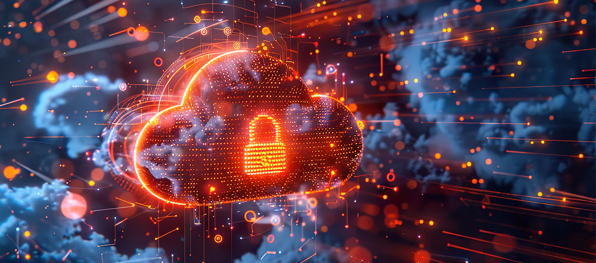 Symbolic image: glowing digital cloud with an orange padlock against a dark, networked data background