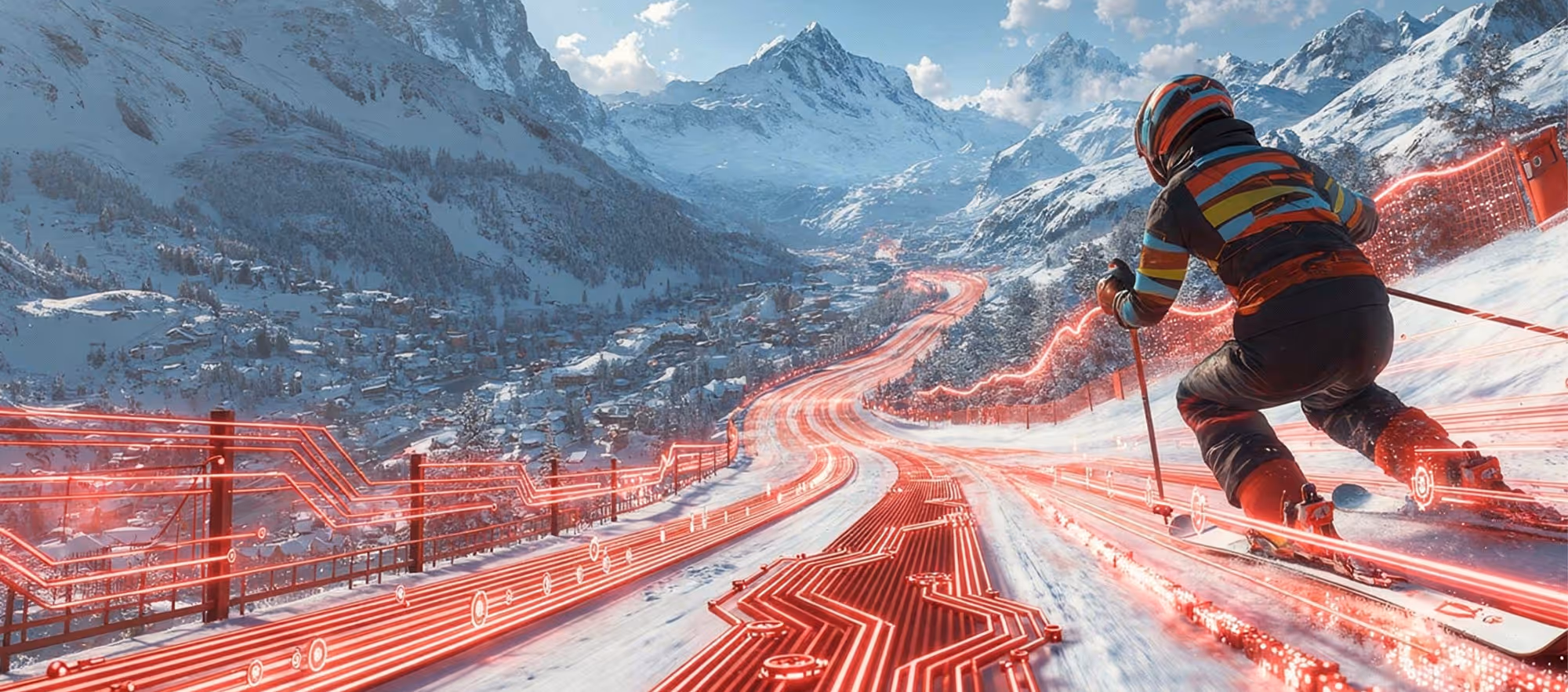 Skifahrer rast eine verschneite Bergpiste hinab, über die rot leuchtende Datenlinien gelegt sind