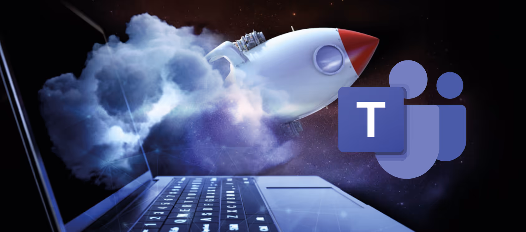 Symbolbild: weisse Rakete startet aus Wolke über Laptop-Tastatur, daneben das Microsoft-Teams-Logo