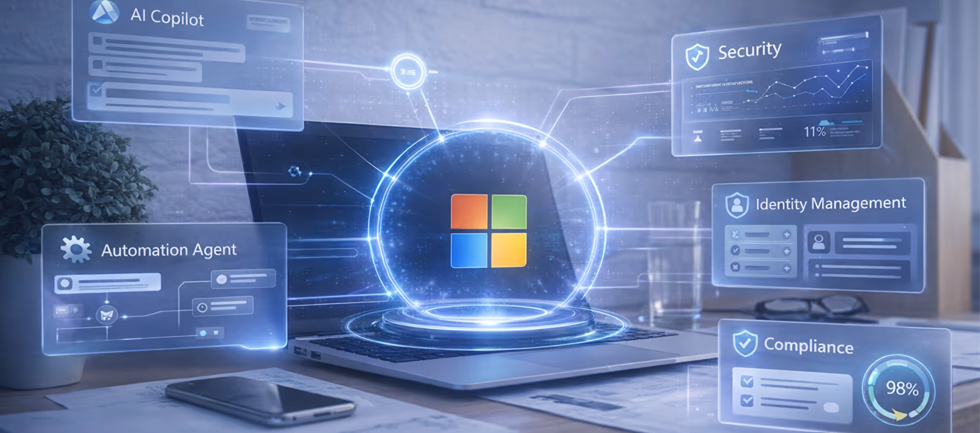Symbolbild: Laptop mit leuchtendem Microsoft-Logo und schwebenden Panels zu Copilot, Security und Compliance