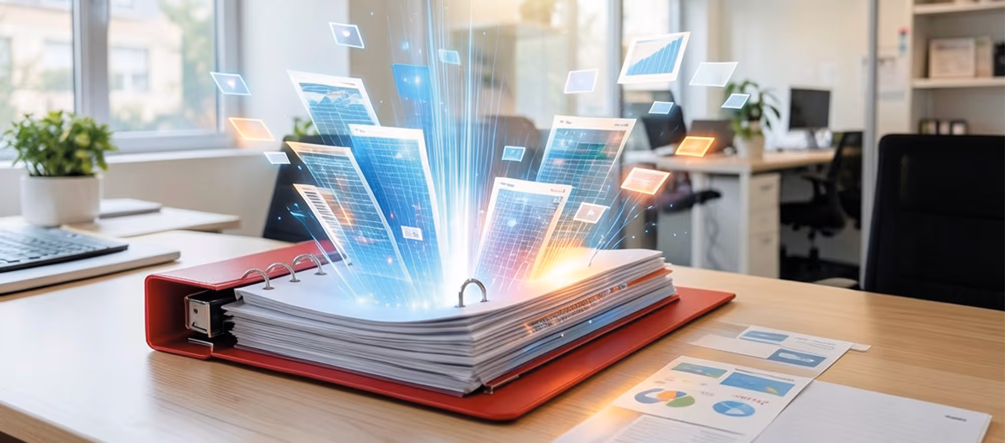 Symbolbild: roter Aktenordner auf einem Büroschreibtisch, aus dem leuchtende digitale Dokumente aufsteigen