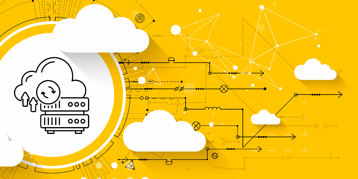 Symbolbild: weisses Cloud-Server-Icon mit Pfeilen vor gelbem Hintergrund mit technischen Linien.