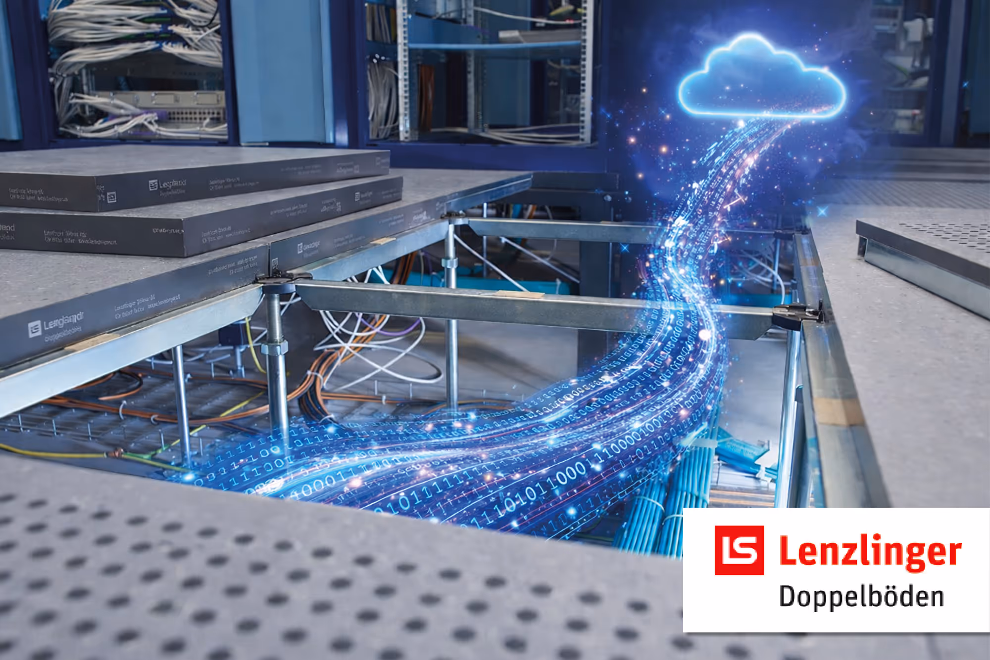 Symbolbild: leuchtende Cloud und Datenstrom über einem Doppelboden mit Verkabelung, Logo Lenzlinger Doppelböden