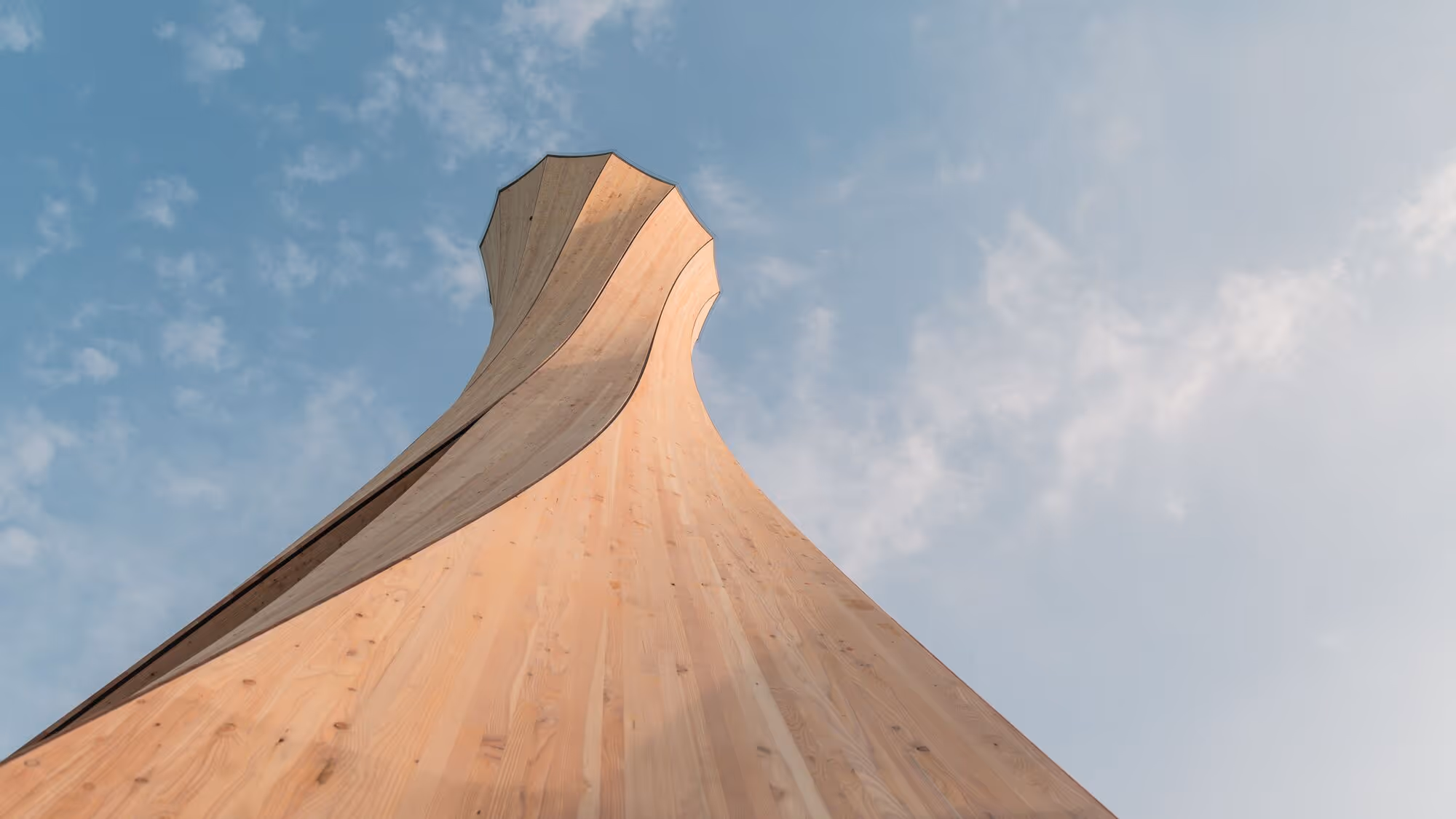 Geschwungene Holzkonstruktion aus Lamellen ragt von unten gegen den bewölkten Himmel.