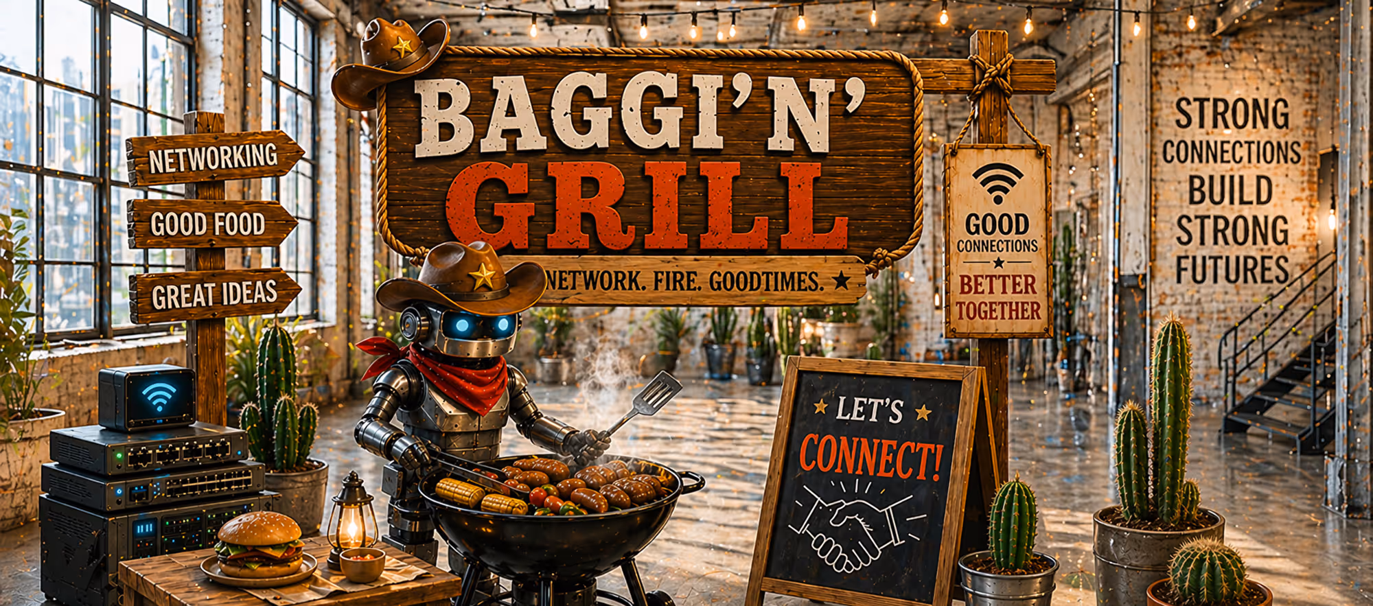 Symbolbild: Roboter im Cowboyhut grillt unter dem Schriftzug «Baggi'n'Grill», daneben Schilder mit Networking und Let's Connect.