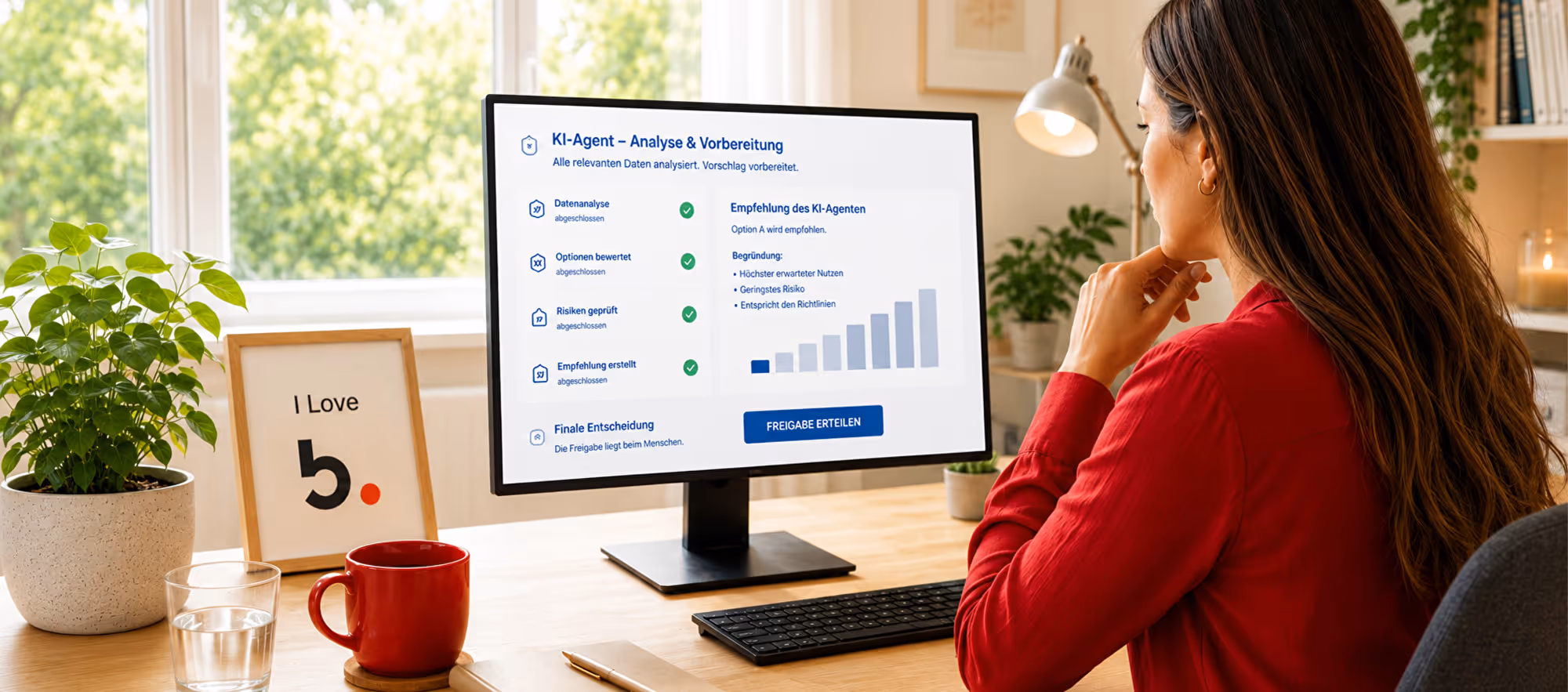 Woman in a red top at a desk looking at a monitor showing an AI agent analysis with charts, a red mug beside her.
