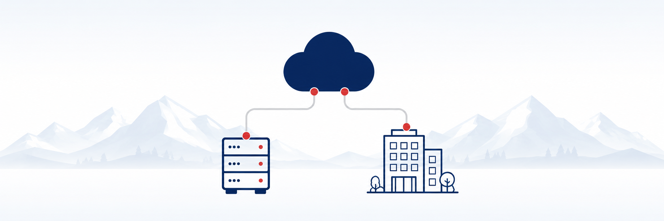 Illustration einer Cloud, die einen lokalen Server und ein Bürogebäude verbindet, vor einer dezenten Schweizer Berglandschaft.