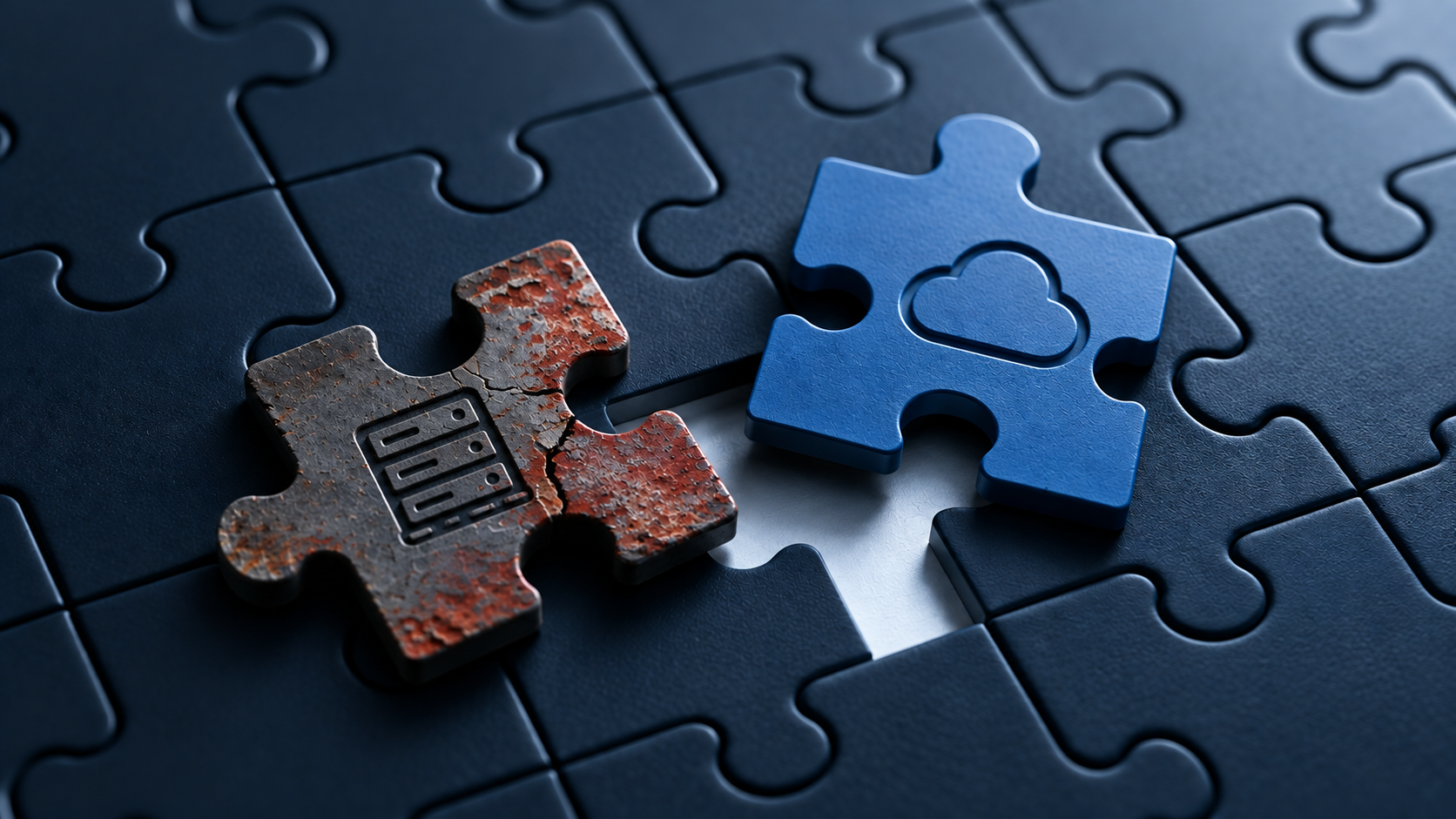 Symbolbild: Puzzleteil mit Server-Symbol wird durch Puzzleteil mit Cloud-Symbol abgelöst, sinnbildlich für den Wechsel von lokaler Server-Infrastruktur zur Cloud