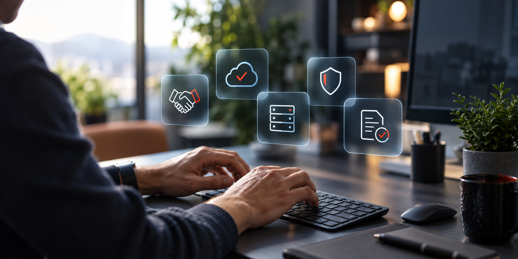 Hände tippen an einem Keyboard im Büro, darüber schweben transparente Symbolkarten für Partnerschaft, Managed IT Services, Server, Sicherheit und Service Level Agreements.