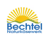 Logo with a yellow sun rising behind a green wave over the blue text 'Bechtel Naturkäsewerk'.