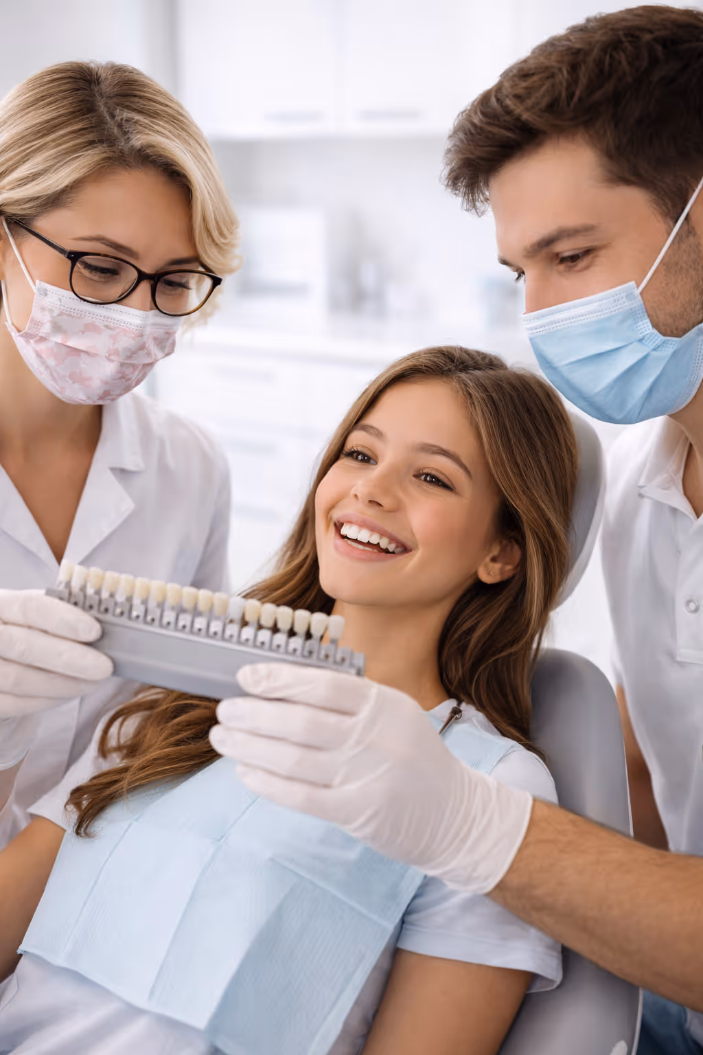 Smiling young woman in dental chair looking at tooth shade guide held by two masked dental professionals.