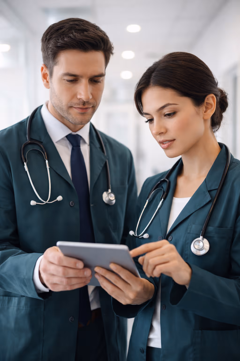 Two doctors in green scrubs with stethoscopes looking at a tablet together in a hospital corridor.