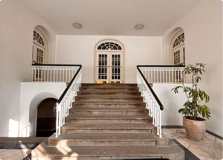 Stone staircase with white railings leading to double glass doors with arched windows above in a bright hallway, with a potted plant on the right.