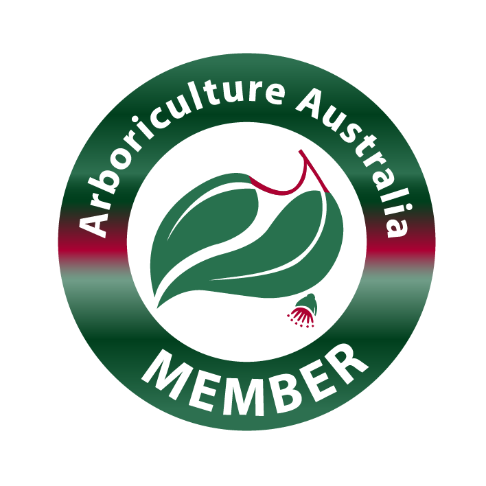 Arboriculture Australia member badge with stylized green leaves and red flower inside a green circular border.