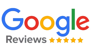 Google Reviews text with five gold stars rating.