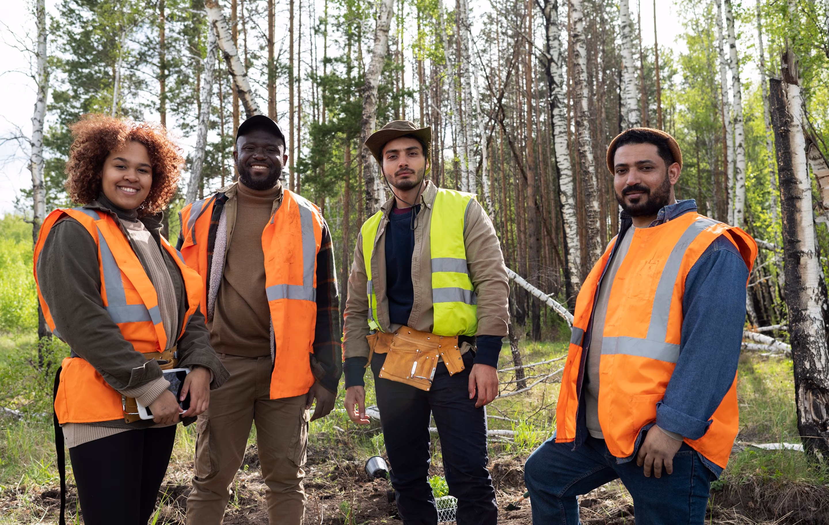 Four diverse forestry workers wearing safety vests standing in a wooded area with birch and pine trees.