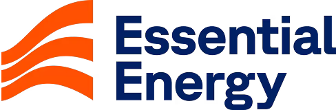 Essential Energy company logo featuring three curved orange lines to the left of bold blue text.