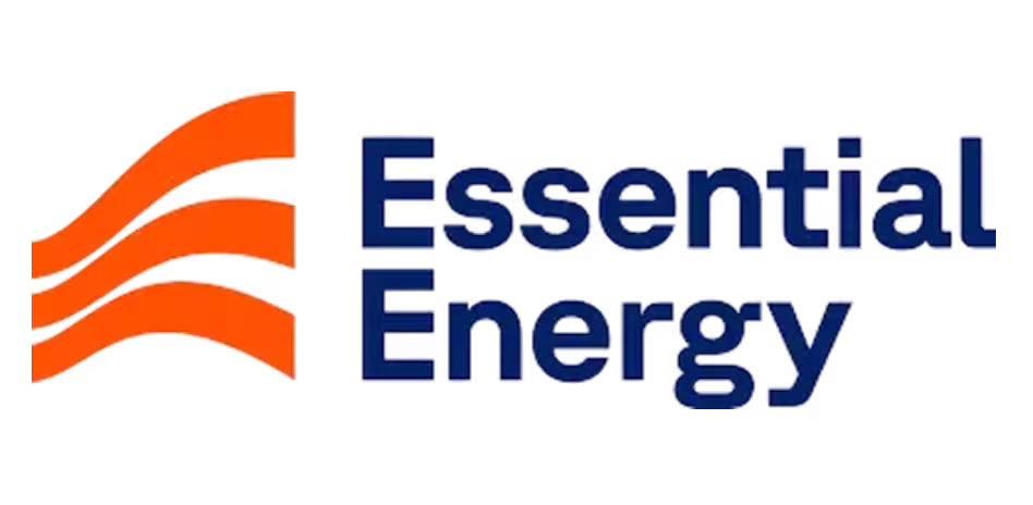 Essential Energy company logo featuring three curved orange lines to the left of bold blue text.