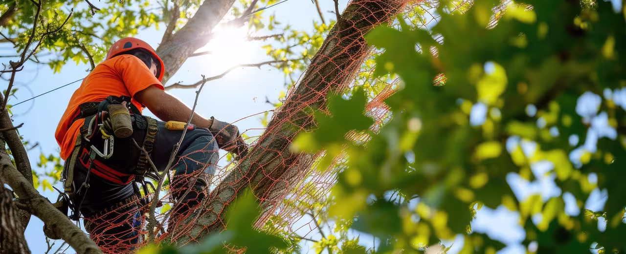 Tree worker in orange helmet and shirt climbing a tree with safety harness and netting around branches on a sunny day.