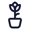 Minimalist navy blue icon of a potted flower with two leaves and a tulip-shaped bloom.