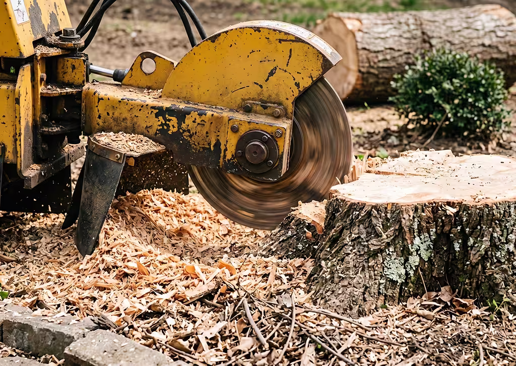 Two men in reflective vests planting a young tree in a forested area.