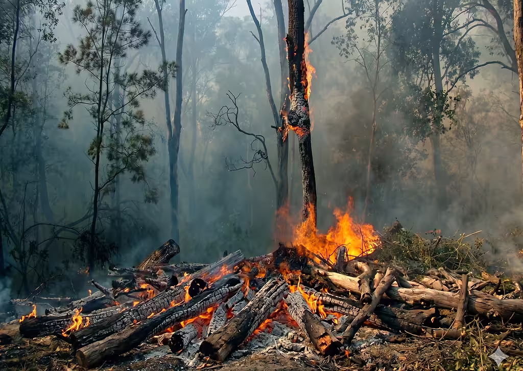 Two men in reflective vests planting a young tree in a forested area.