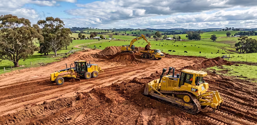 Earth-moving machines working on dirt land with green fields and cows in the background.