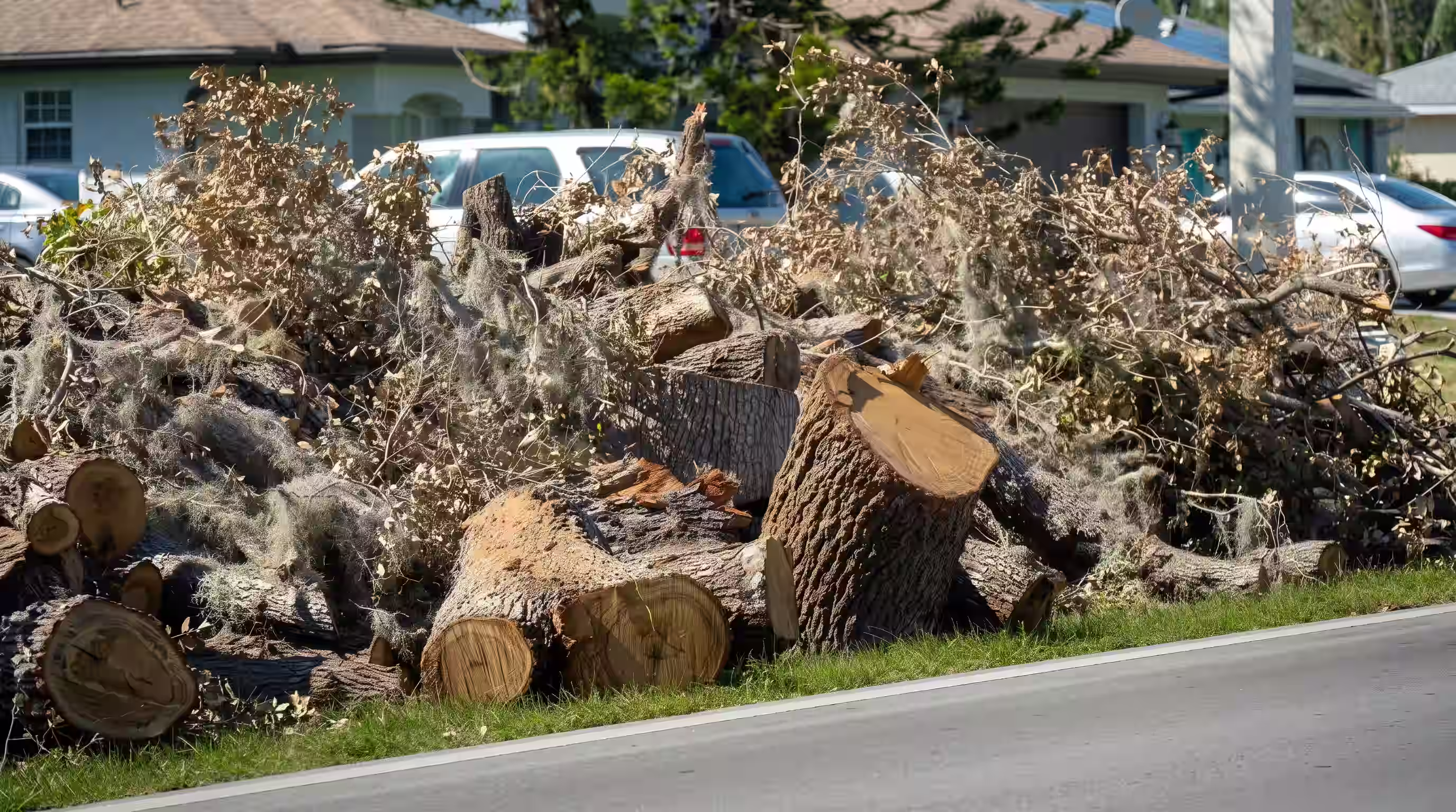 Pile of cut tree logs and branches stacked beside a residential street with houses and cars in the background.
